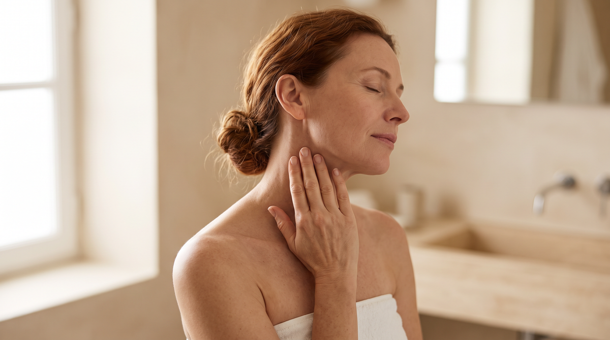 Femme faisant glisser doucement ses doigts sur le côté du cou, geste de drainage lymphatique