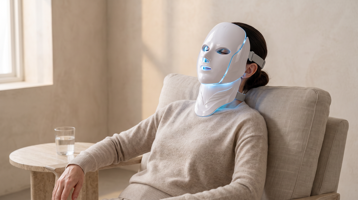 Femme détendue dans un fauteuil, portant un masque LED visage et cou allumé en bleu