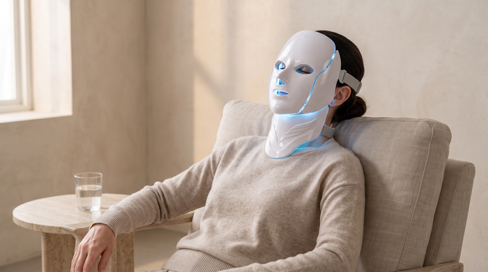 Femme détendue dans un fauteuil, portant un masque LED visage et cou allumé en bleu