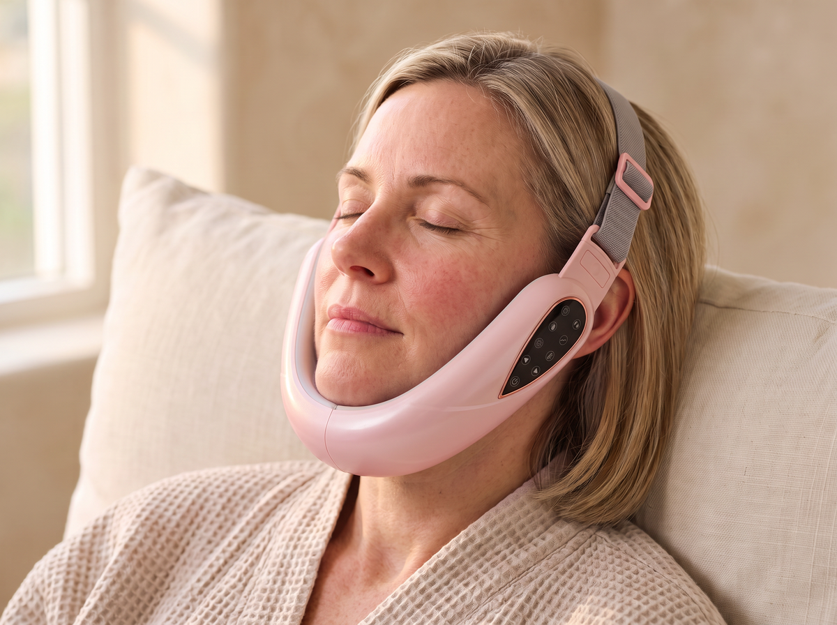 Femme les yeux fermés, la tête sur un coussin, qui porte le Bandeau Menton rose