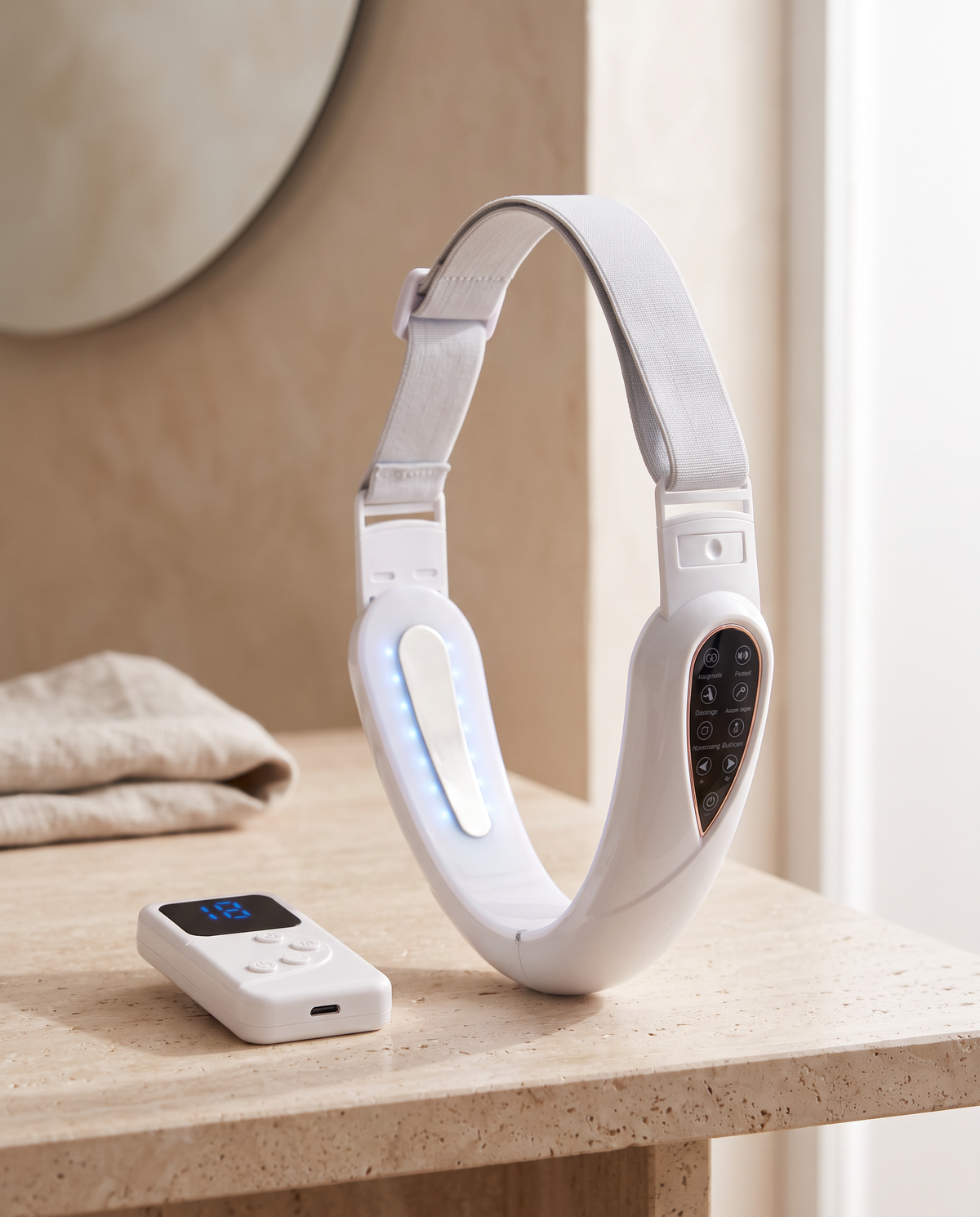 Bandeau Menton blanc et sa télécommande sans fil, posés sur une vasque en travertin