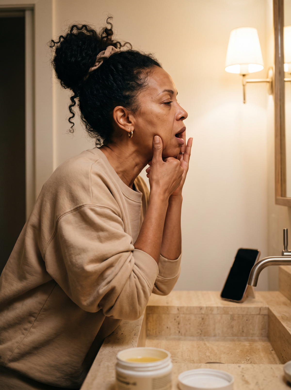 Femme penchée vers le miroir, se massant la mâchoire des deux mains en étouffant un bâillement