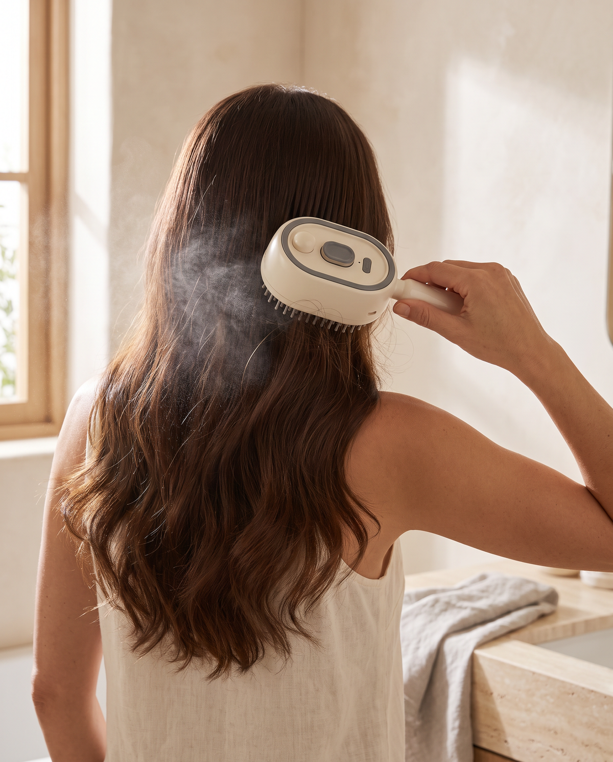 Femme vue de dos se brossant les cheveux longs avec la Brosse Vapo beige, une brume fine diffusée dans les cheveux