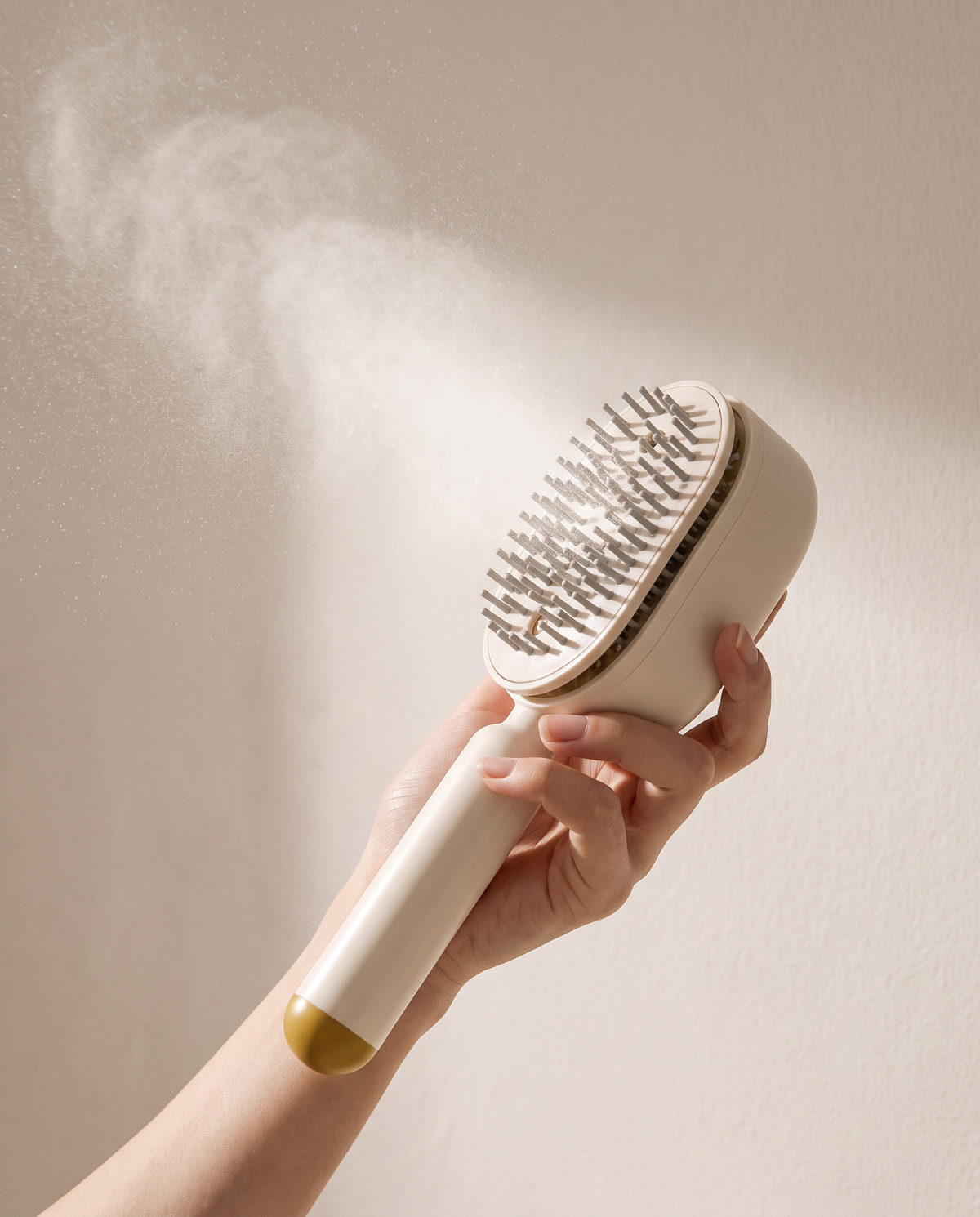 La Brosse Vapo beige en main, une brume fine sortant d'entre les picots