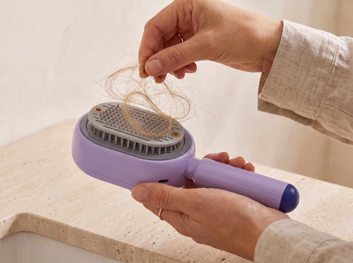 Étape 4 : la plaque avancée le long des picots de la Brosse Vapo violette, les cheveux se retirent d'un seul geste