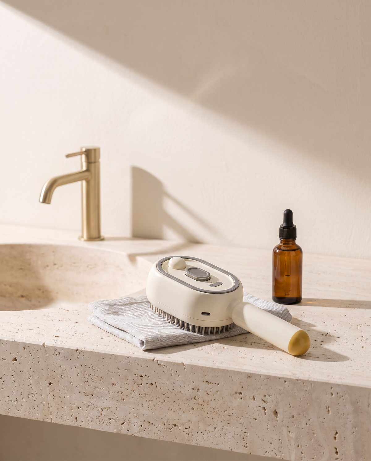 La Brosse Vapo beige posée sur une serviette en lin, au bord d'un lavabo en travertin