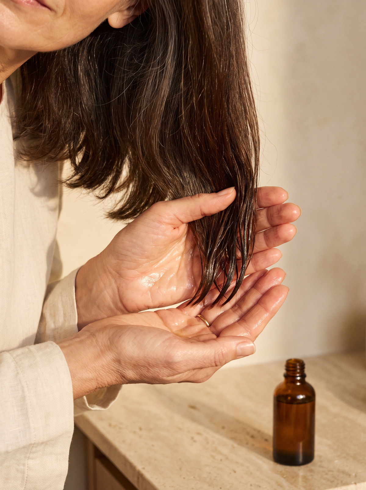 Mains étalant une huile sur des pointes de cheveux, la racine reste sèche