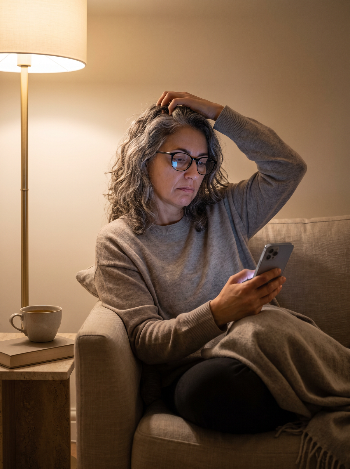 Femme fatiguée le soir sur son canapé, la main dans les cheveux, un téléphone dans l’autre main