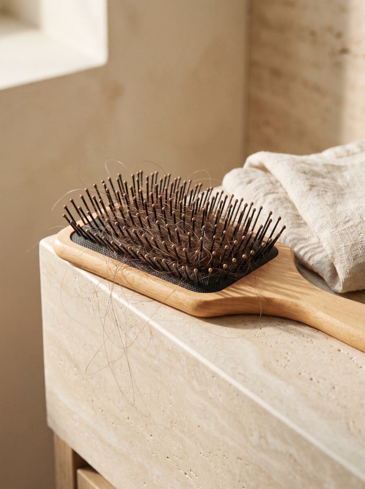 Brosse ordinaire pleine de cheveux posée au bord d’un lavabo