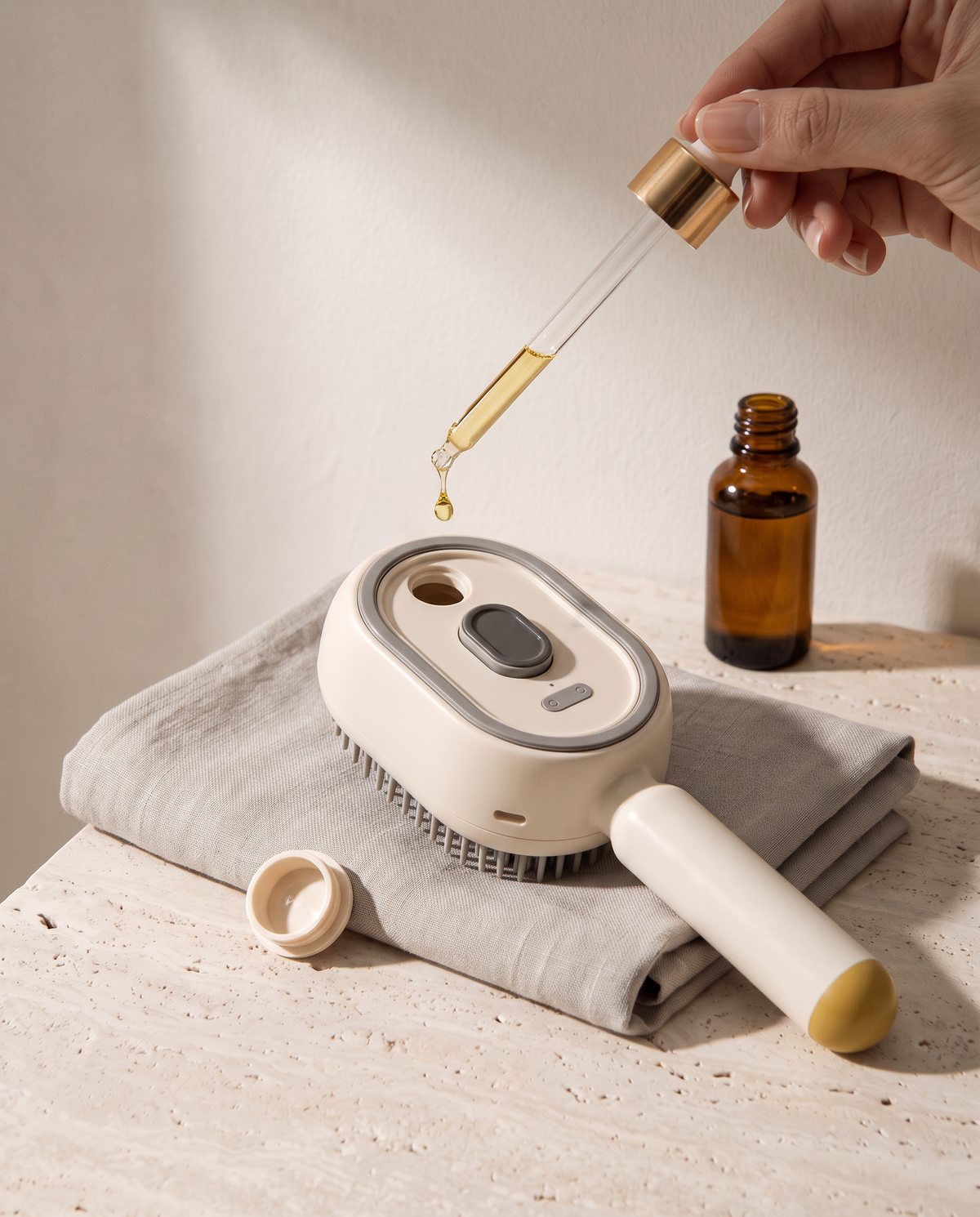 Remplissage de la Brosse Vapo beige : une goutte d'huile versée à la pipette dans le réservoir de la tête, bouchon retiré
