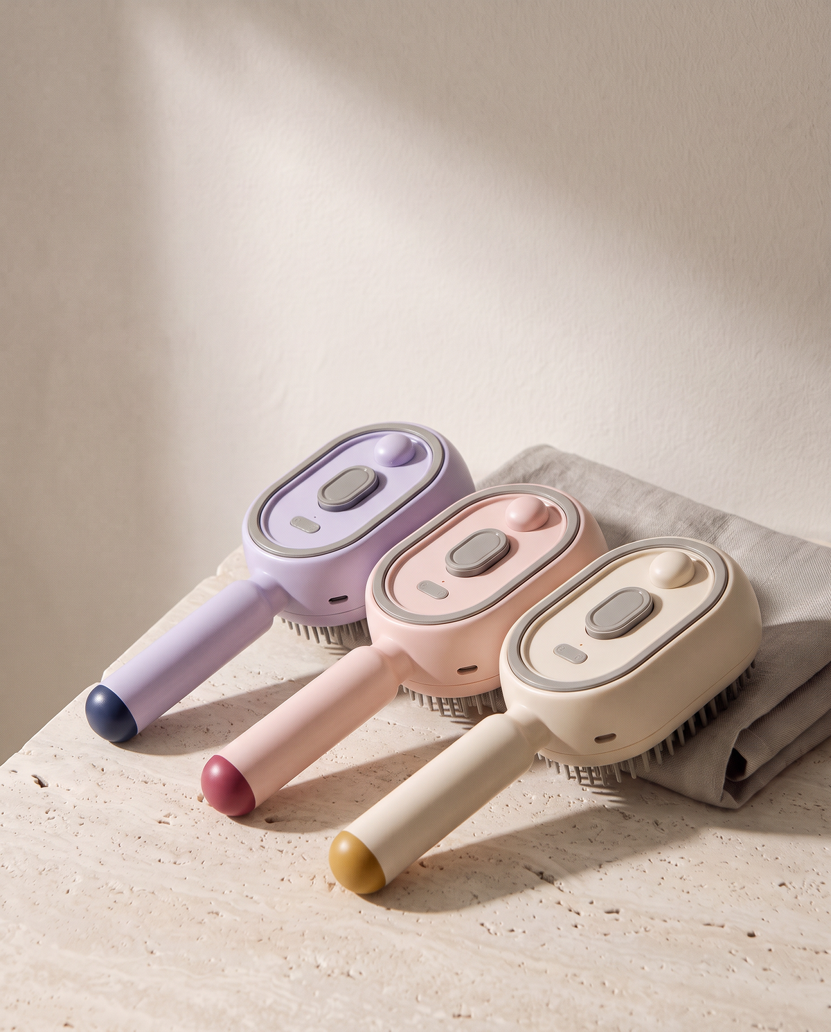 Les trois coloris de la Brosse Vapo : violet, rose et beige