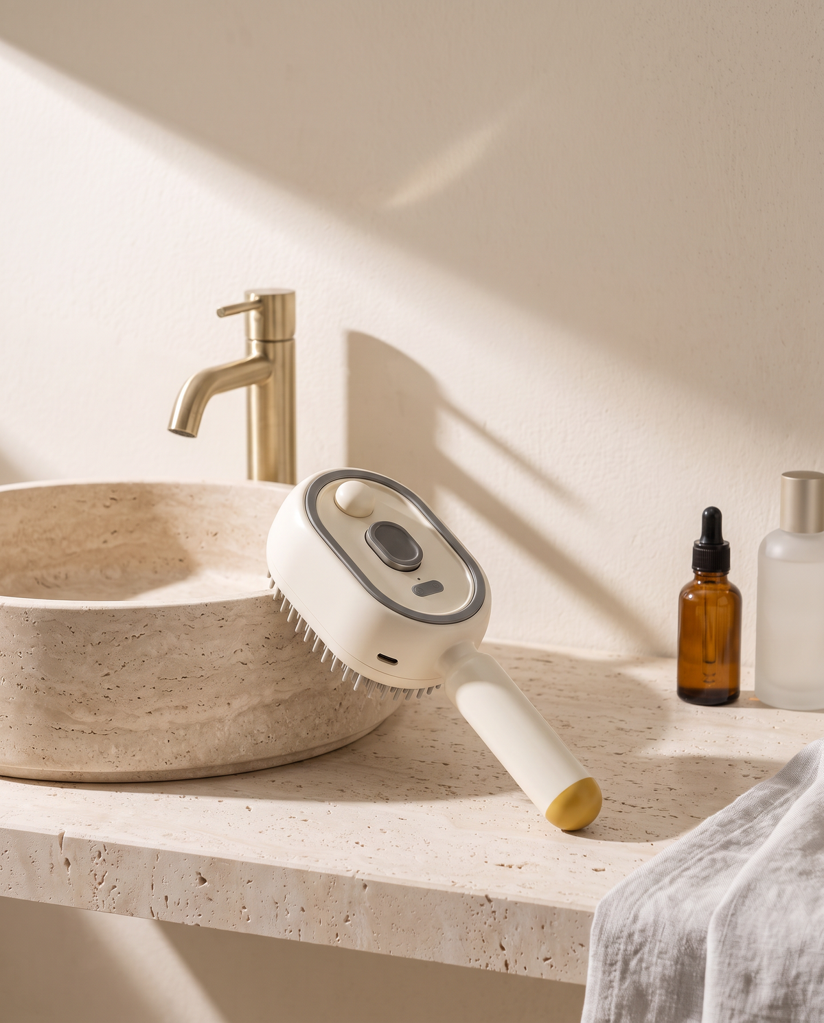 La Brosse Vapo beige posée au bord d'une vasque en travertin, à côté d'un flacon d'huile