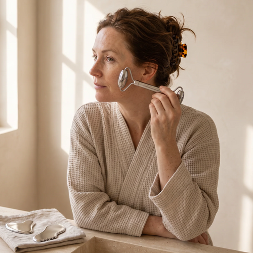Le matin dans sa salle de bain, une femme passe le rouleau en acier du nez vers l'oreille ; les deux gua sha attendent sur le lavabo