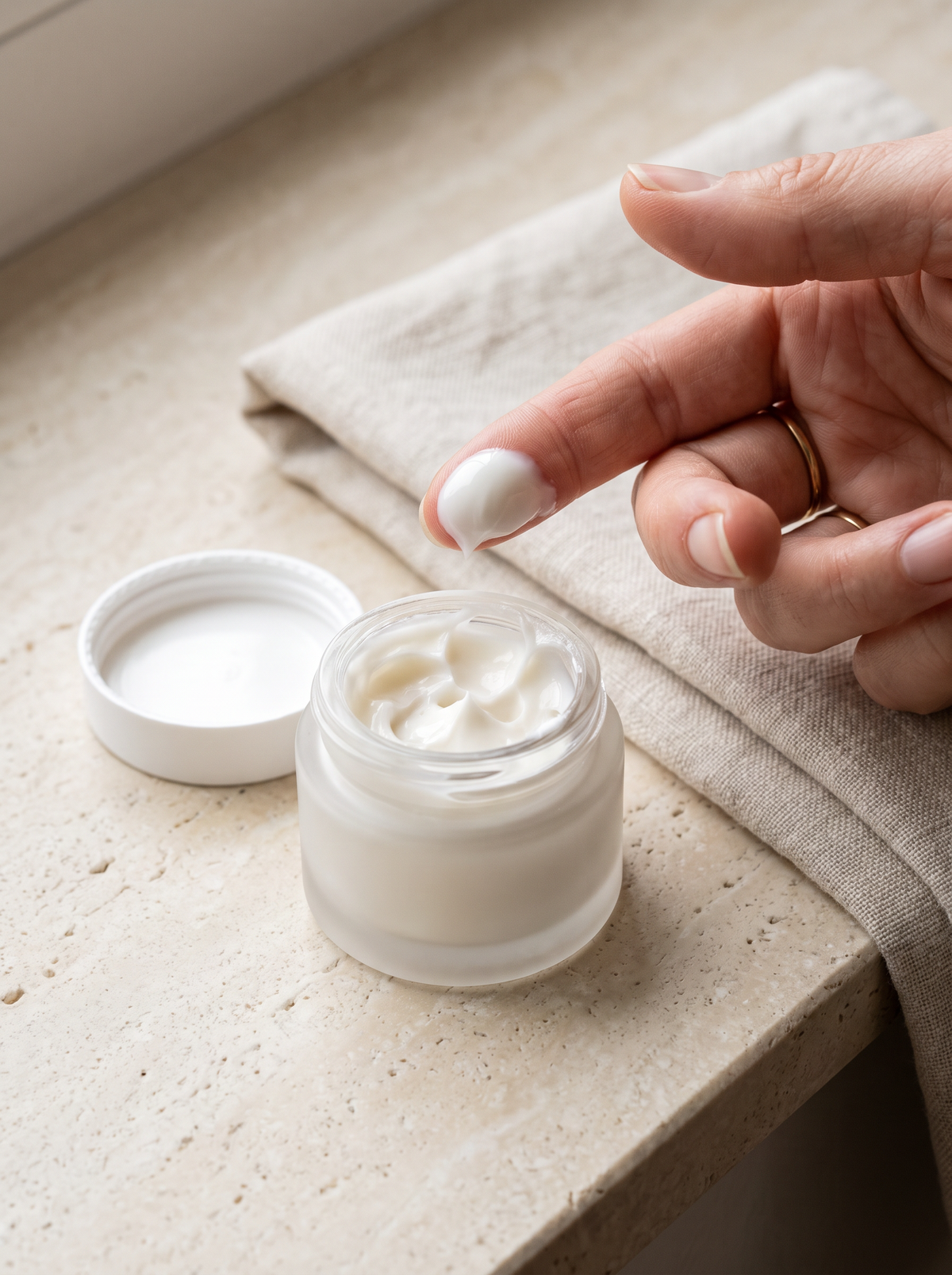 Doigt sortant d’un pot de crème contour des yeux avec une noisette trop généreuse