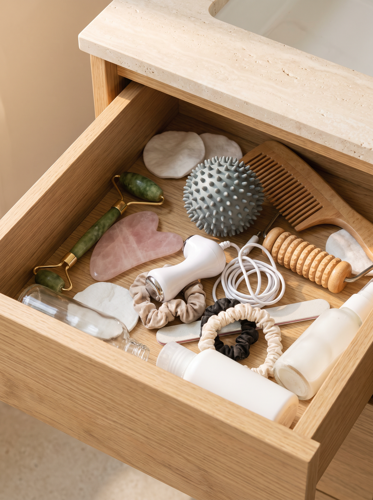 Tiroir de salle de bain rempli d’outils de massage oubliés