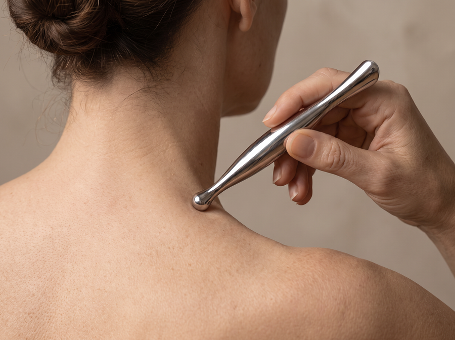 Progressivement, puis on tient — Gua Sha Acier — Stylo d'acupression