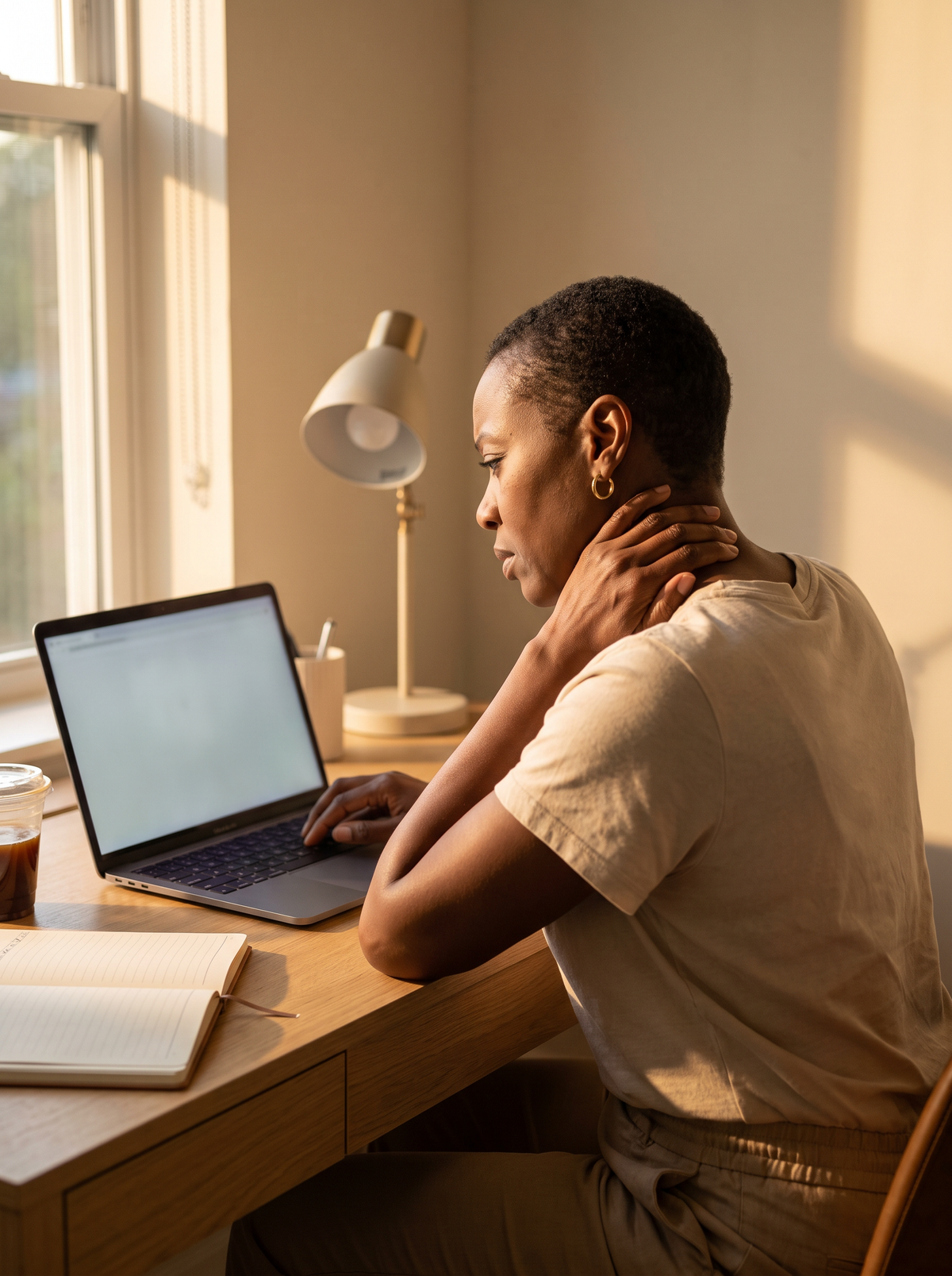 Femme à son bureau en fin de journée, les épaules remontées vers les oreilles, une main sur la nuque