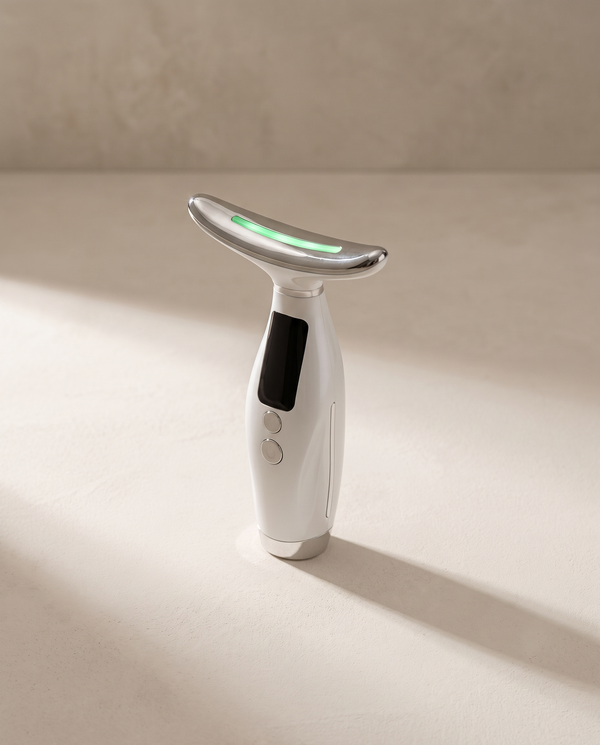 Lift Pro SCULVORA, appareil EMS visage et cou, coloris blanc nacré, posé sur un fond de plâtre écru
