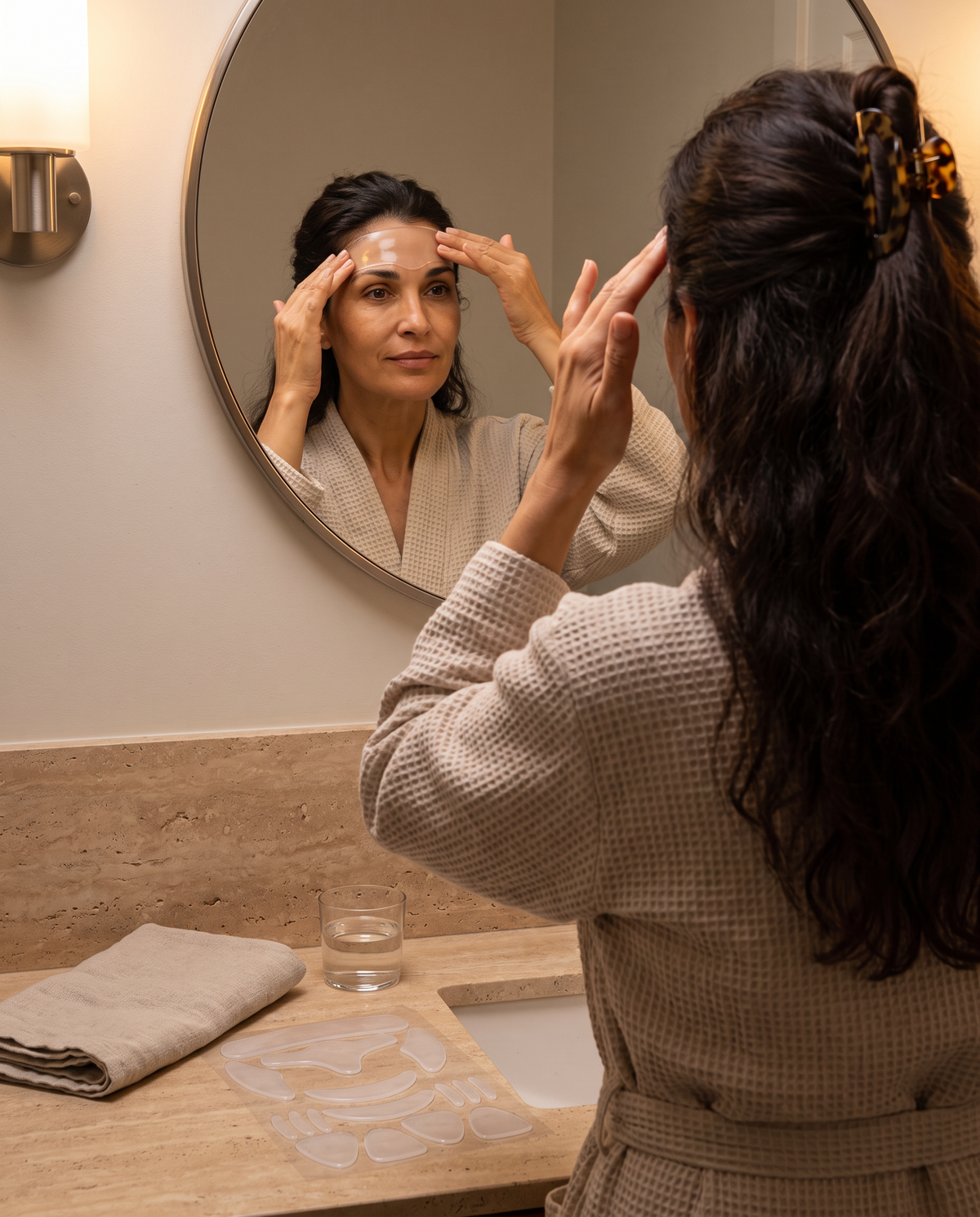 Femme posant la bande silicone sur son front devant le miroir, le soir