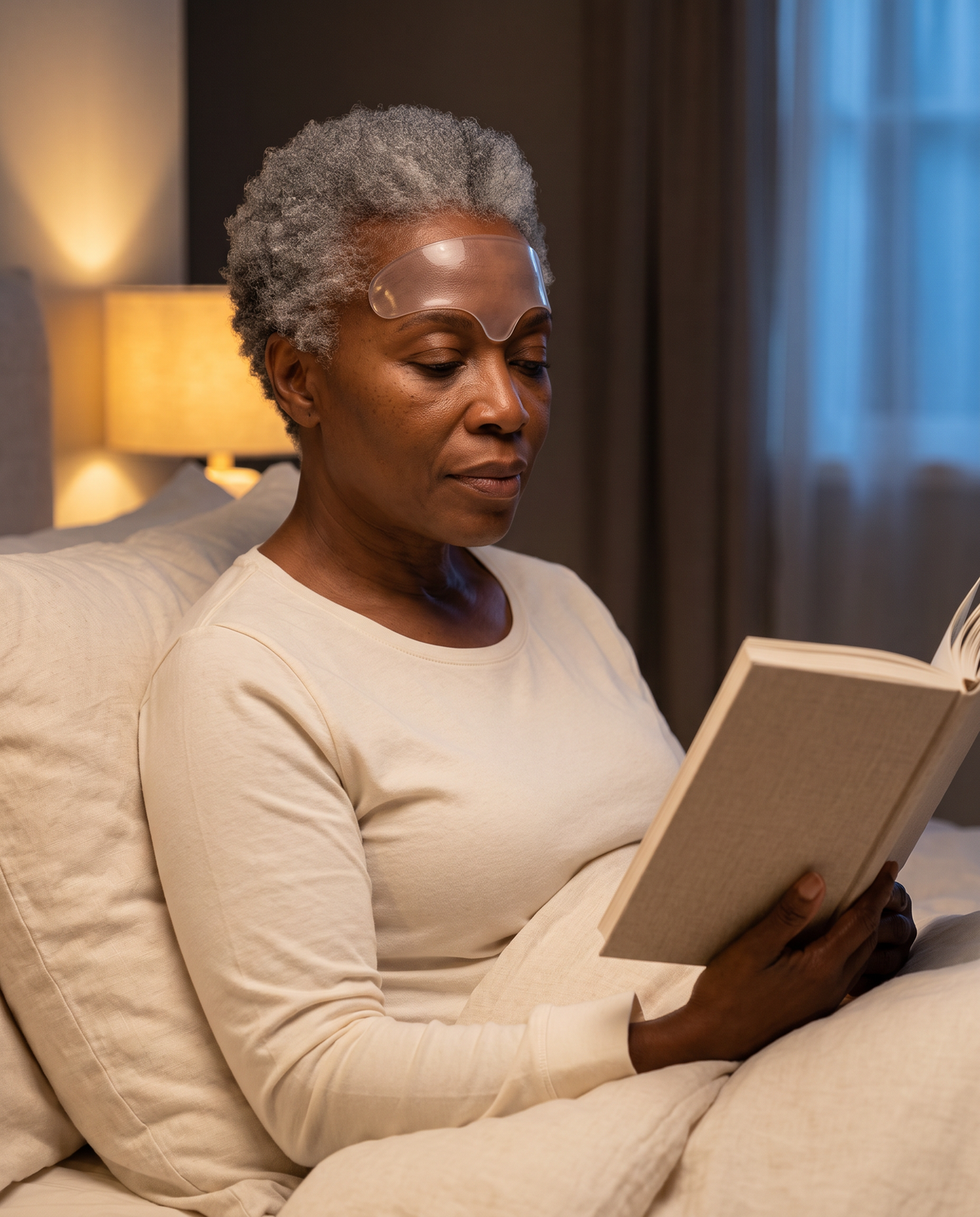 Femme lisant au lit le soir avec le patch silicone posé sur le front