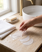 Patch silicone rincé et reposé sur son film de protection, à côté de la paire contour des yeux