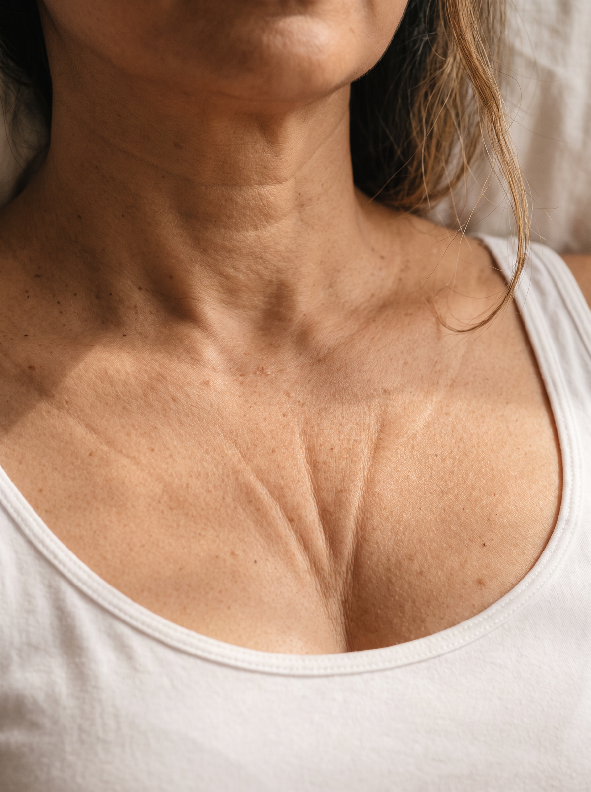 Gros plan sur un décolleté au réveil, plis du sommeil visibles