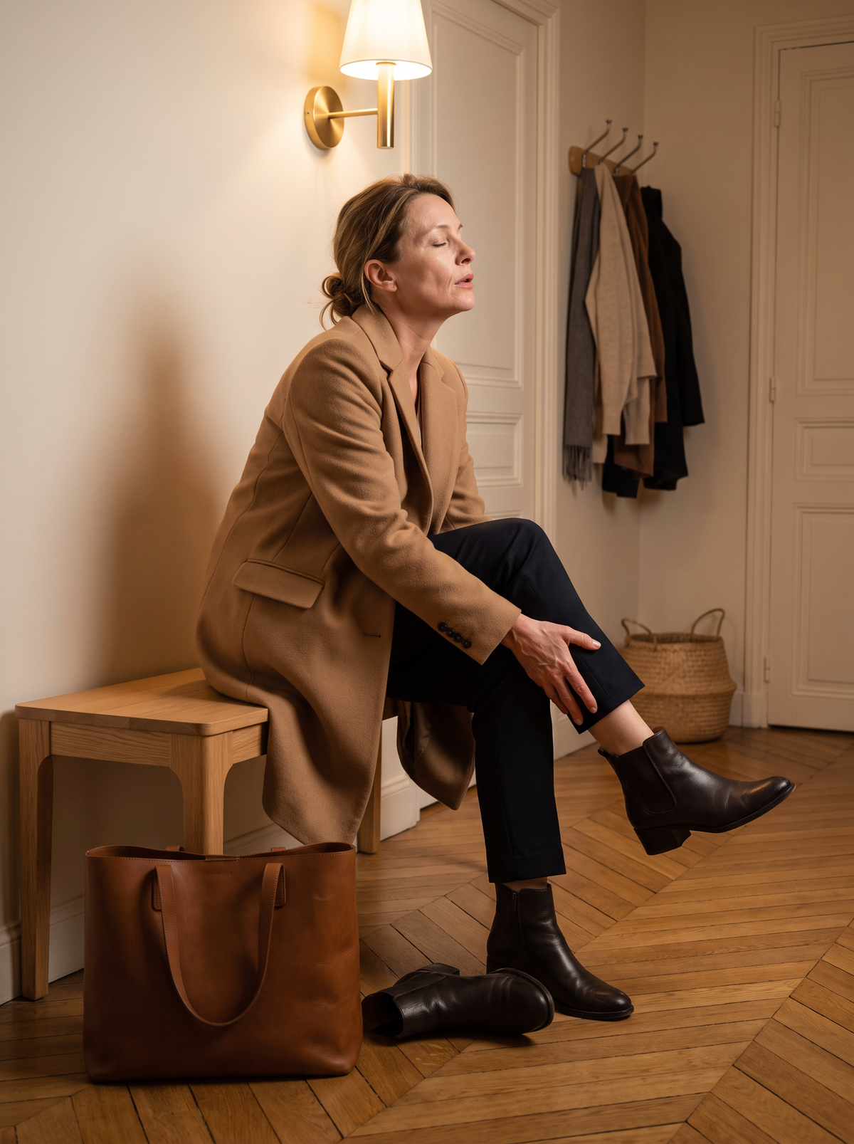 Femme retirant ses chaussures en rentrant le soir, une main sur le mollet