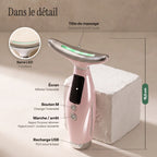 Le Lift Pro dans le détail : tête de massage, barre LED, écran, bouton M, bouton marche et recharge USB, 15,5 cm
