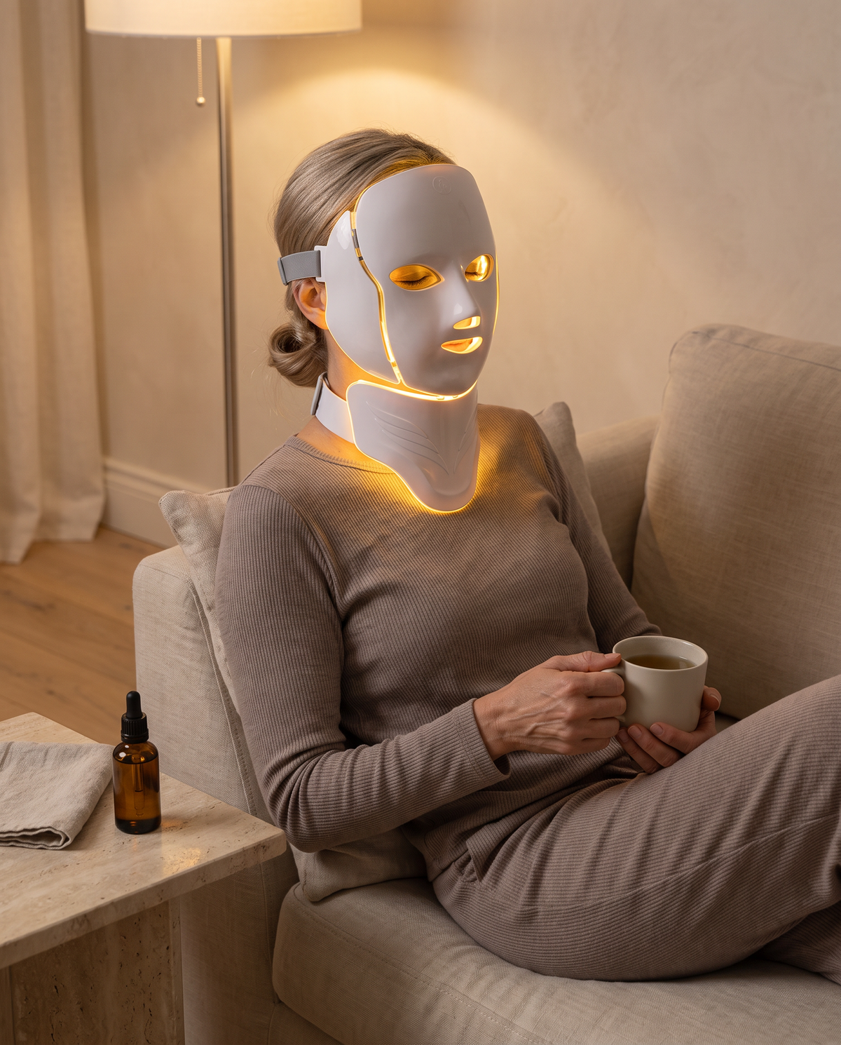 Femme avec une tisane pendant sa séance de masque LED, lumière jaune, yeux fermés