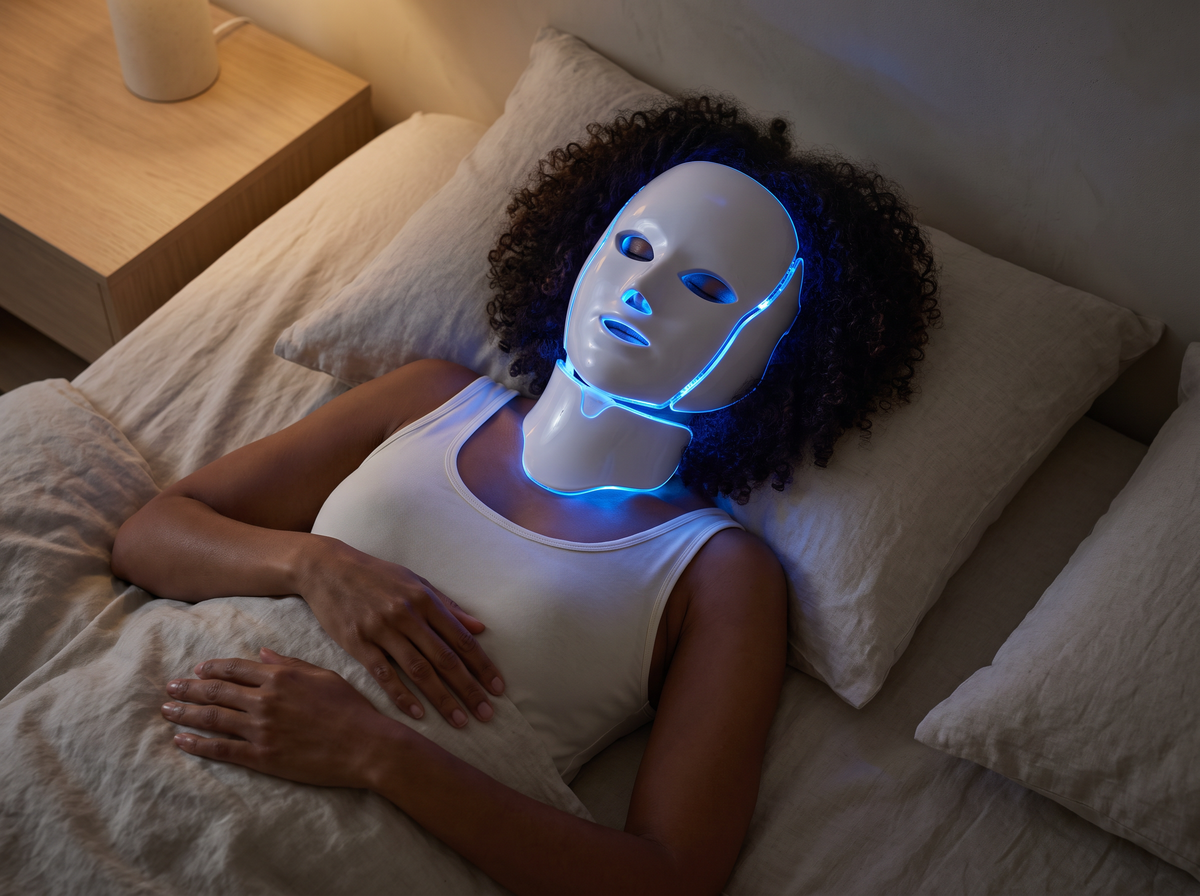 Femme allongée, masque LED et pièce cou allumés en bleu, yeux fermés