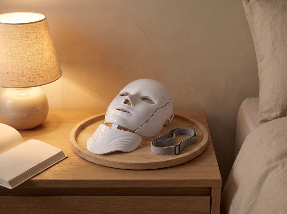 Masque LED déclipsé dans un plateau en bois : masque visage, pièce cou et sangle