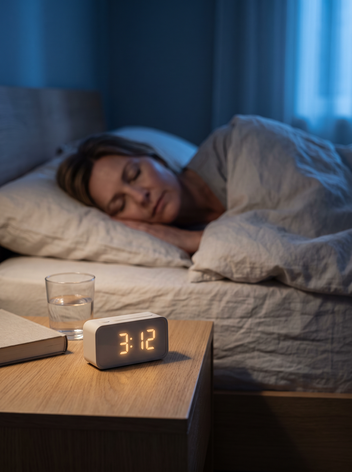 Réveil sur une table de nuit, une femme endormie en arrière-plan