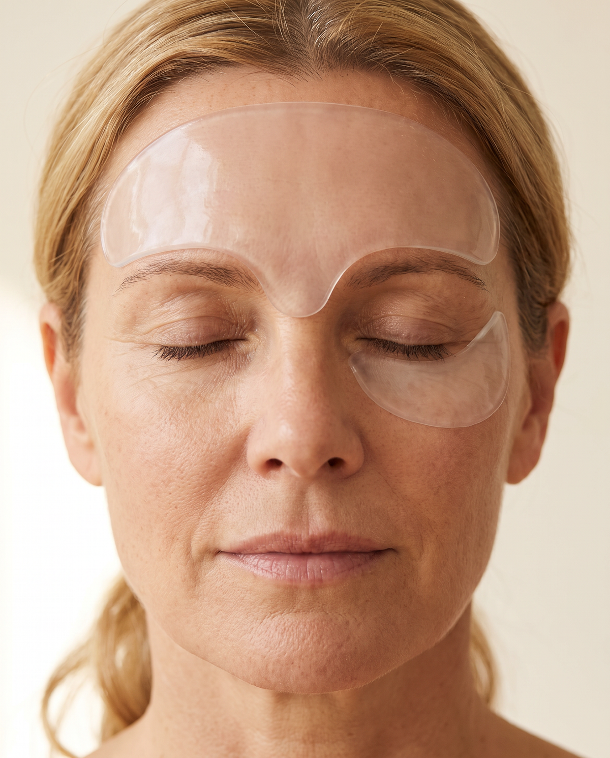 Visage de face, yeux fermés : patch silicone sur le front et patch contour sous l’œil