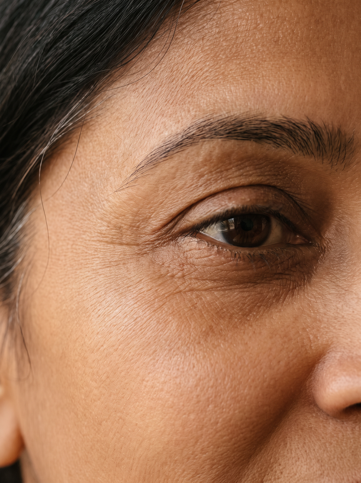 Gros plan sur le contour de l’œil d’une femme, ridules naturelles visibles